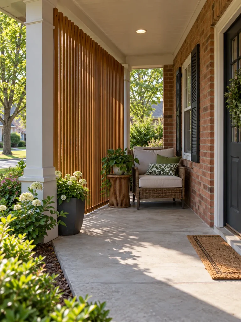 Vertical wood slat screen sheltering a chair along one side of a covered concrete porch.