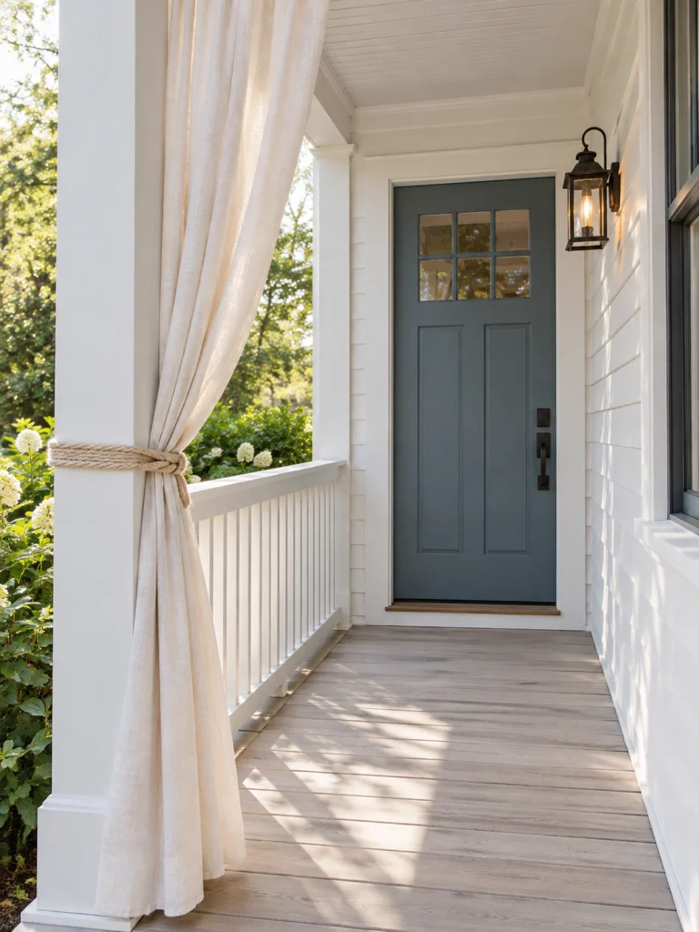 Cream curtain tied to a white porch post beside a clear walkway and blue-gray door.