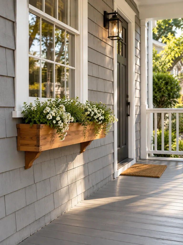 Cedar window box filled with white flowers beneath a window on a gray-shingle porch.