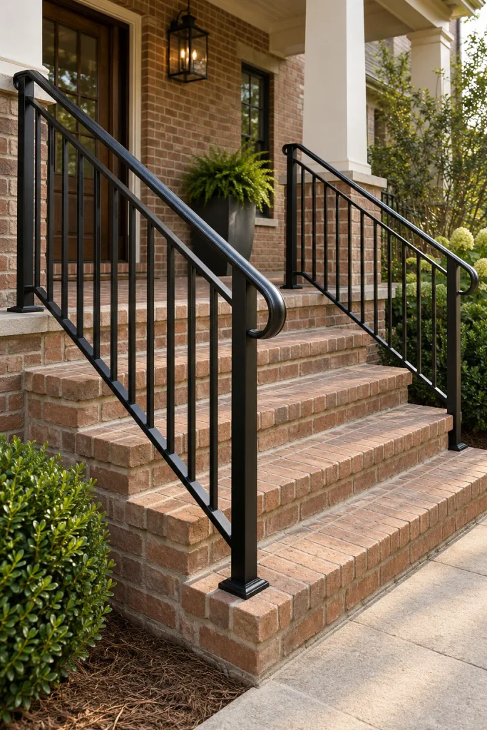 Black stair guards and a separate round handrail with returned ends beside brick porch steps.