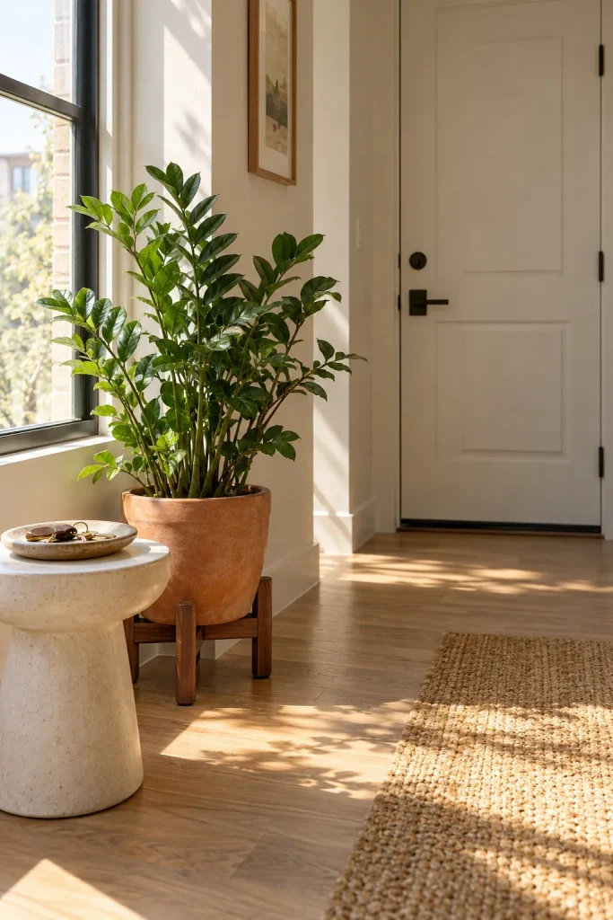 Leafy houseplant in a terracotta pot beside an entry window and a small stool with a key dish.