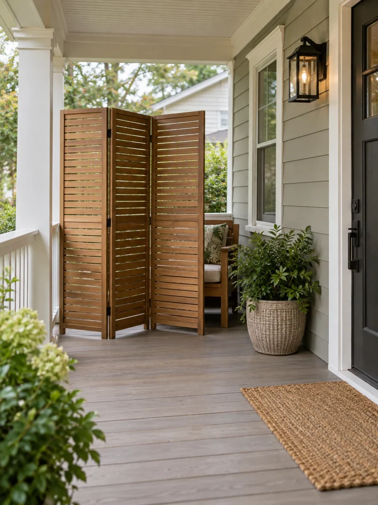 Three-panel slatted wood screen beside a chair on a covered front porch.