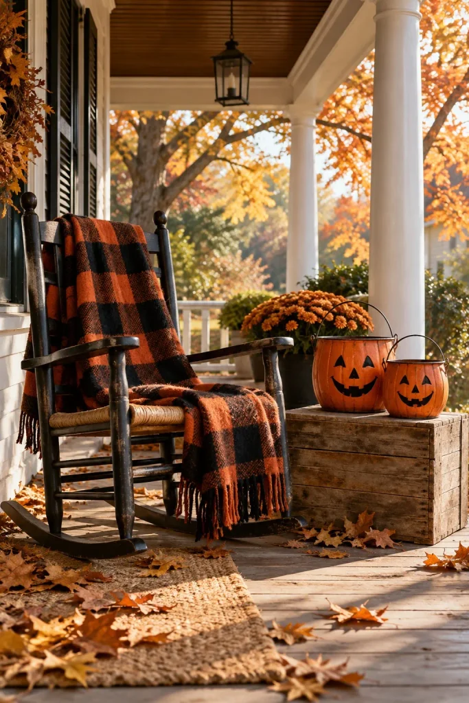 Wooden porch chair with an orange-and-black plaid blanket beside pumpkin pails on a crate.
