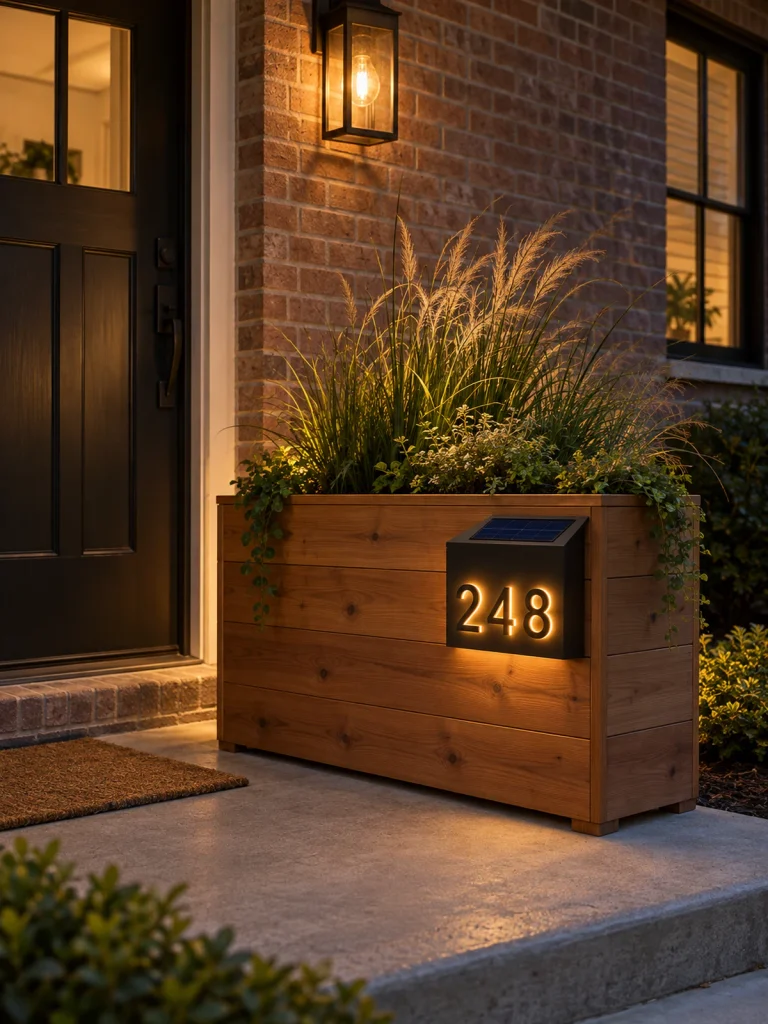 Illuminated address numbers appear on a cedar planter filled with ornamental grasses.