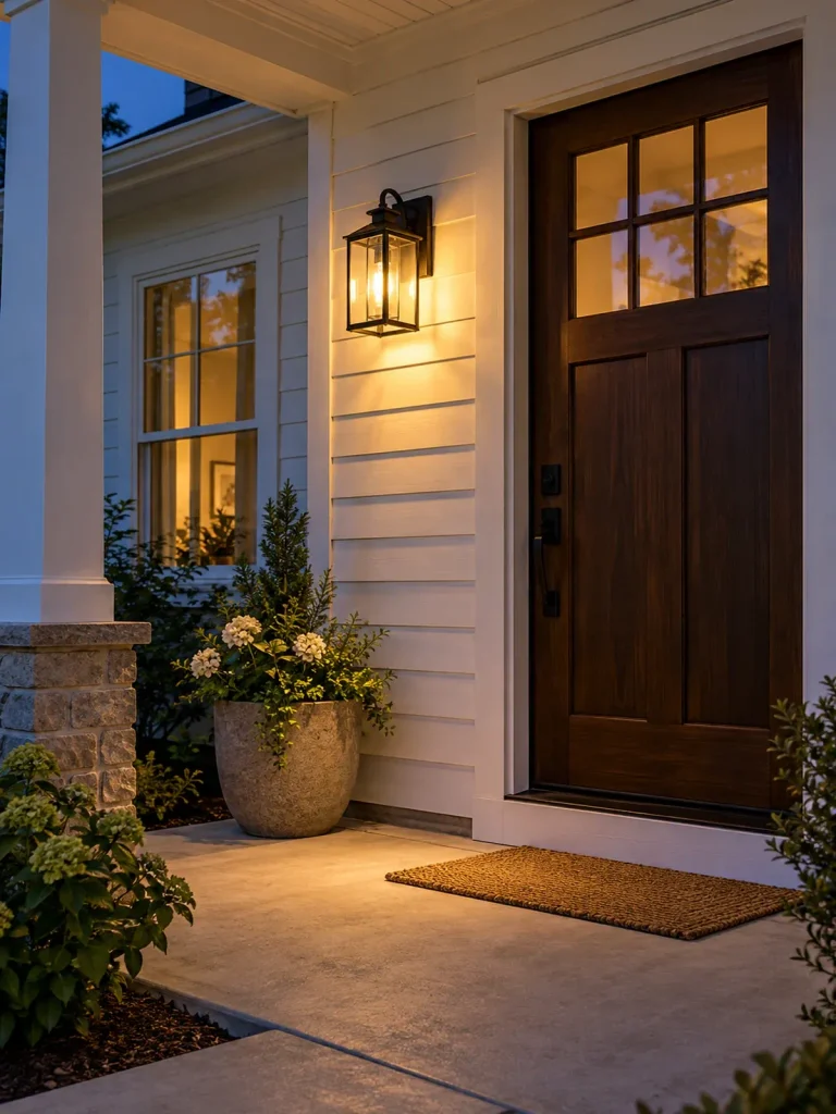 Warm light from a black wall lantern beside a wooden door above a concrete porch at dusk.