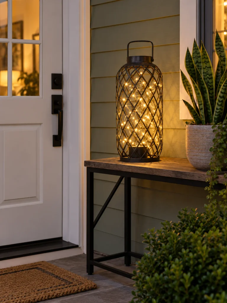 A metal lantern filled with warm fairy lights rests on a console beside a front door.