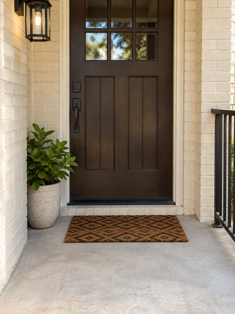 Rust and black diamond-patterned doormat in front of a dark wood door on a small cream-brick porch.