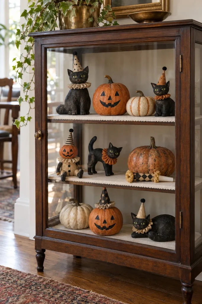 Glass-front wood cabinet displaying pumpkin figures, black cats, and small party hats.
