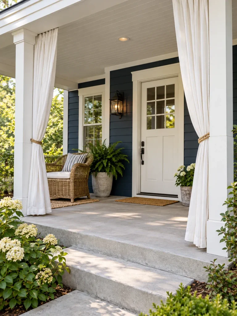 White outdoor curtains tied beside porch posts above a gray concrete floor.