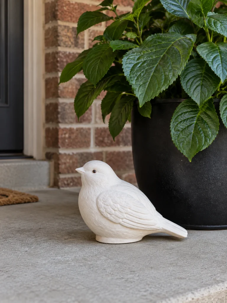 White bird sculpture on a concrete porch beside a leafy plant in a black pot.
