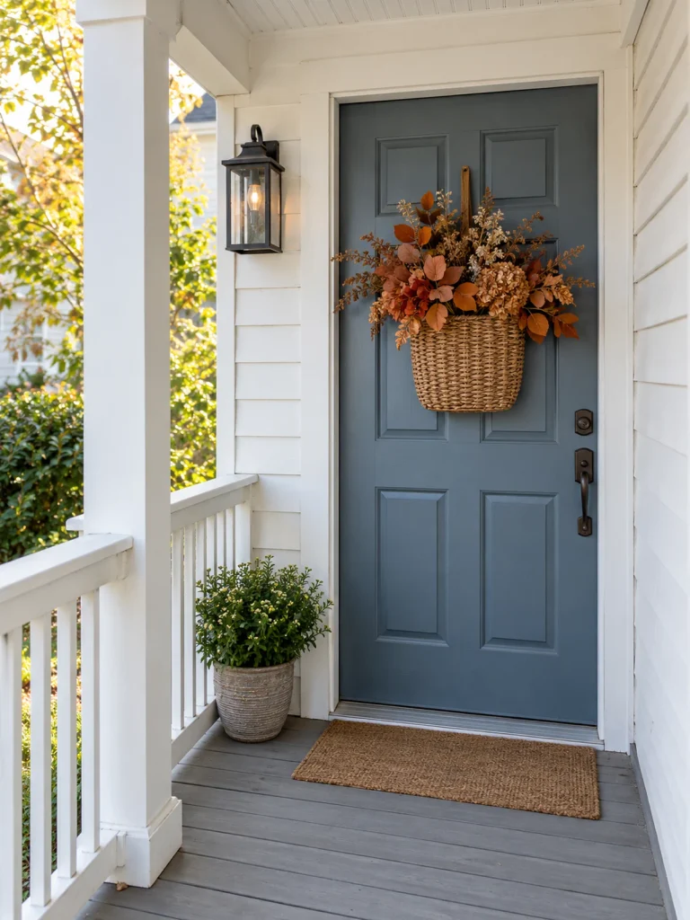 Woven door basket filled with autumn leaves and dried stems on a blue-gray front door.