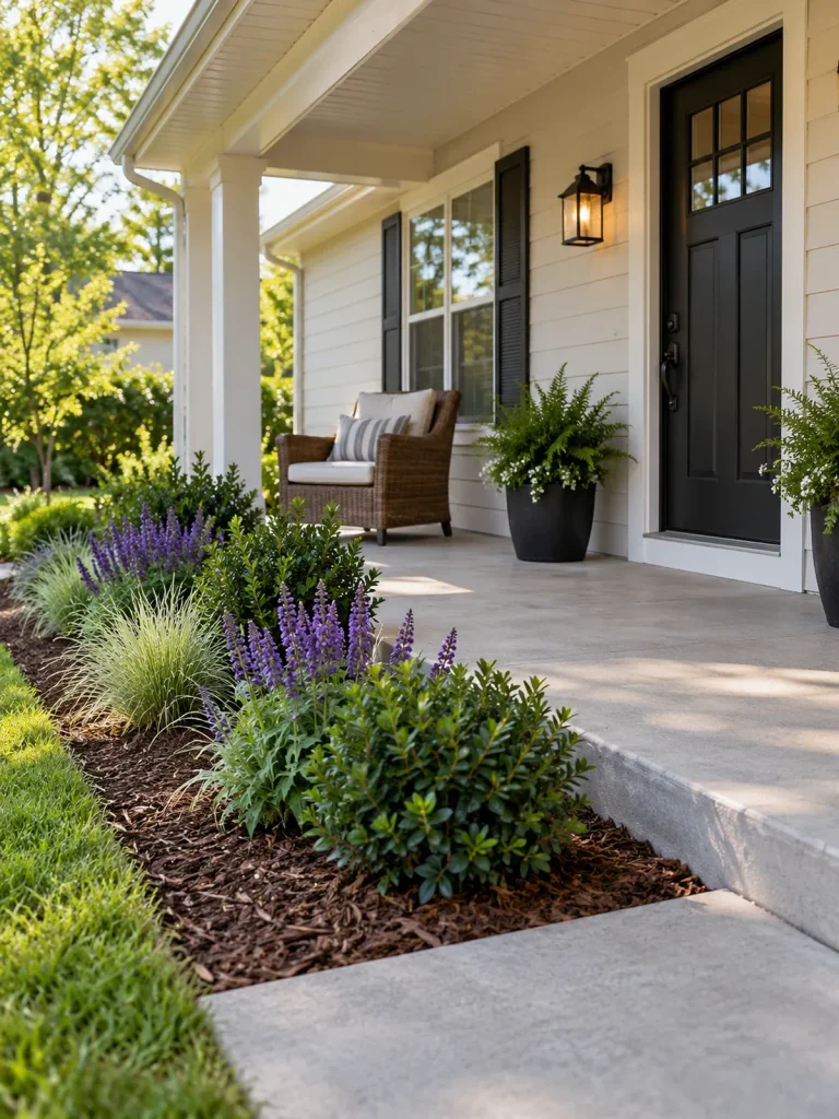 Grasses, purple flowers, and compact shrubs in a garden bed beside a concrete front porch.