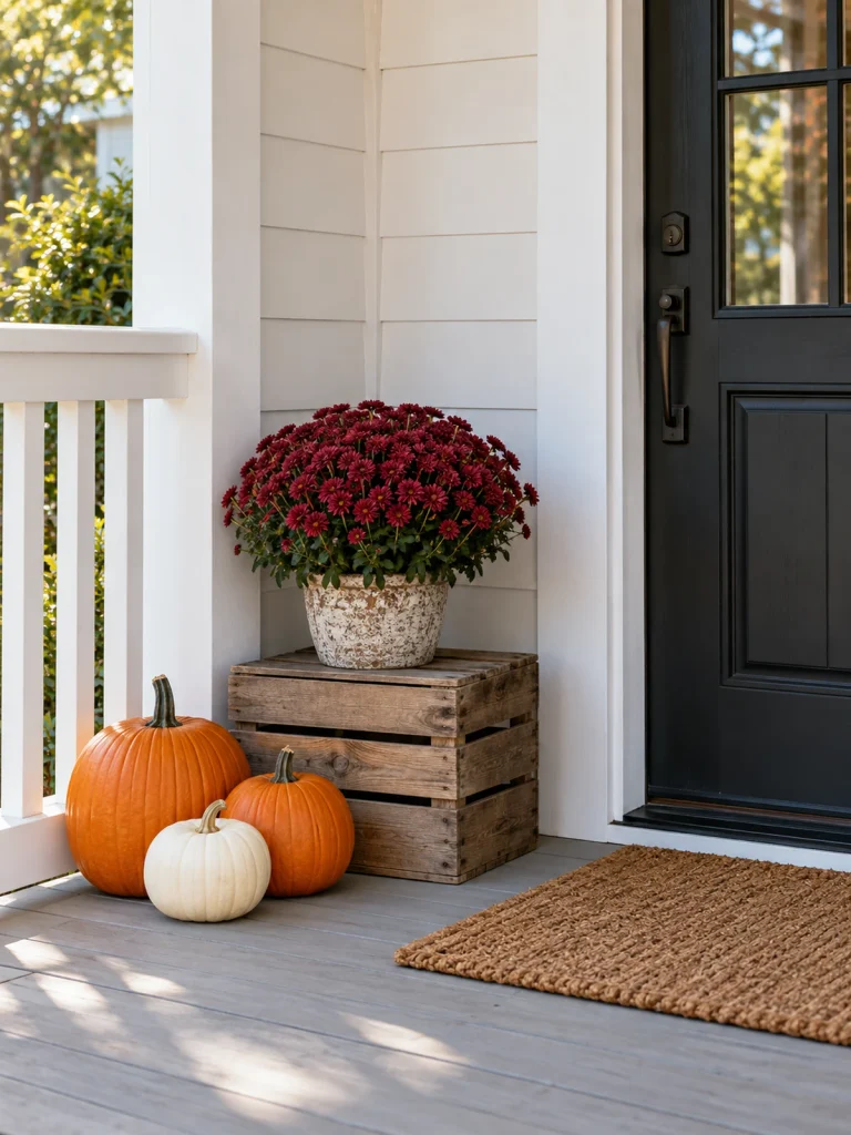 Orange and white pumpkins beside burgundy mums on a wooden crate in a porch corner.