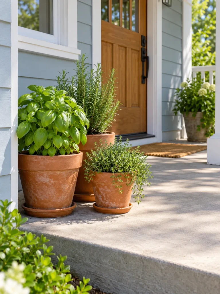 Terra-cotta pots of basil, rosemary, and thyme along the sunny side of a concrete porch.