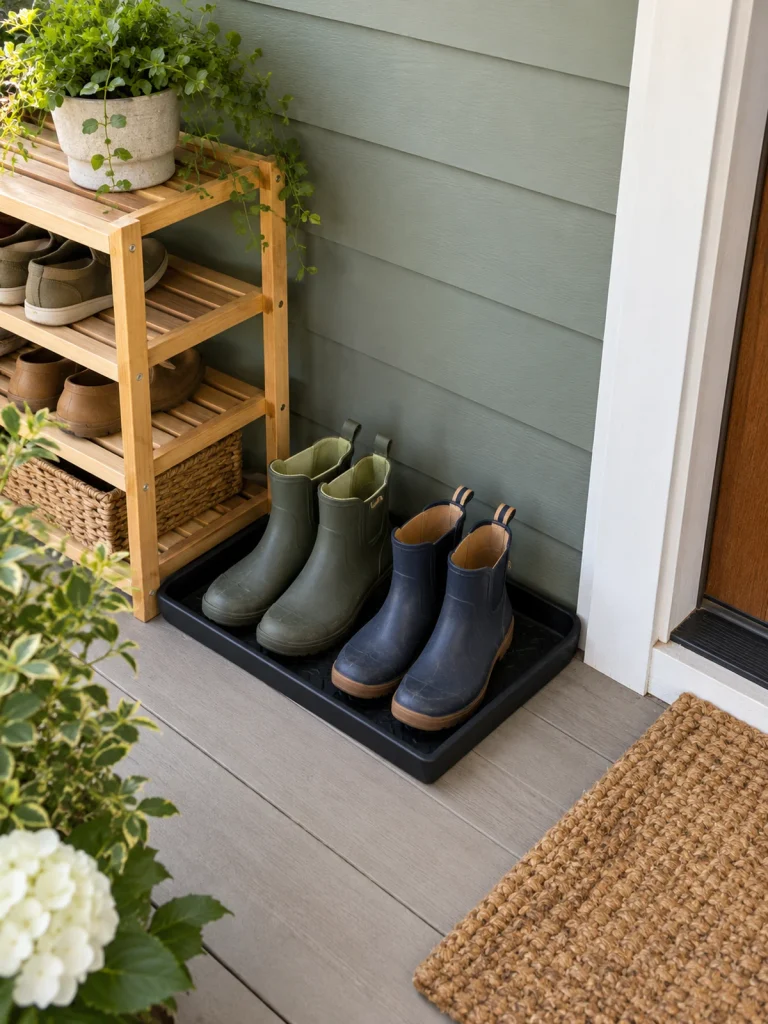 Green and navy boots in a black tray beside a wooden shoe rack on a covered porch.