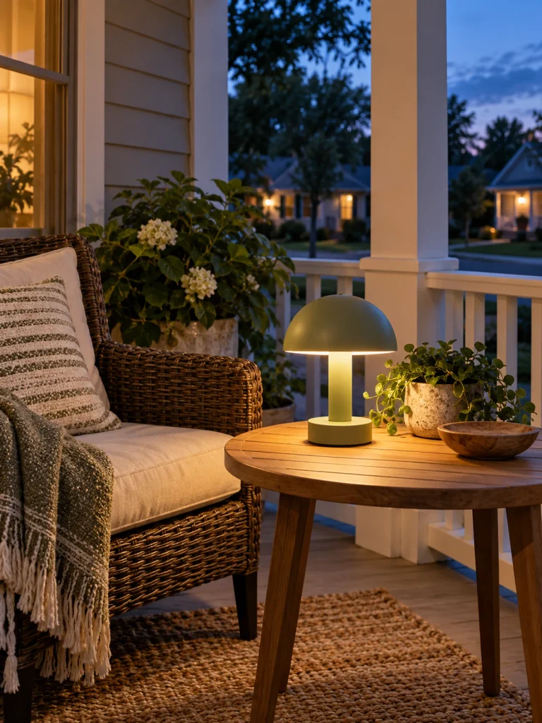 Glowing sage green cordless lamp on a wooden table beside a wicker porch chair at dusk.
