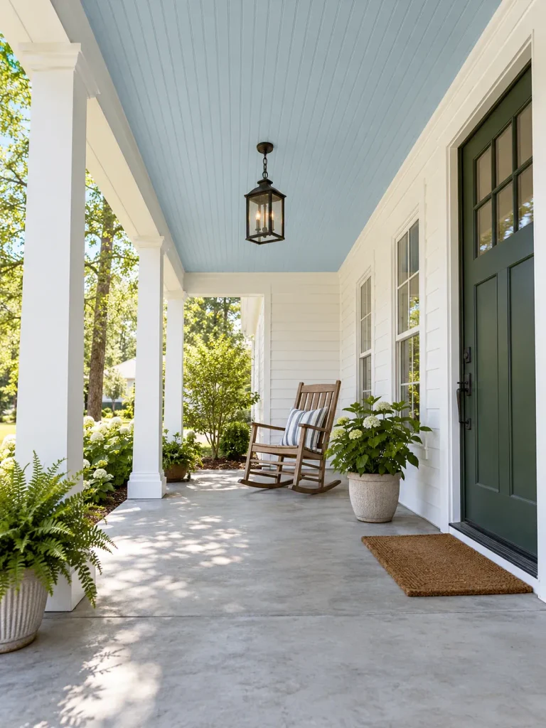Pale blue beadboard ceiling above a concrete porch with white posts and a wooden rocking chair.